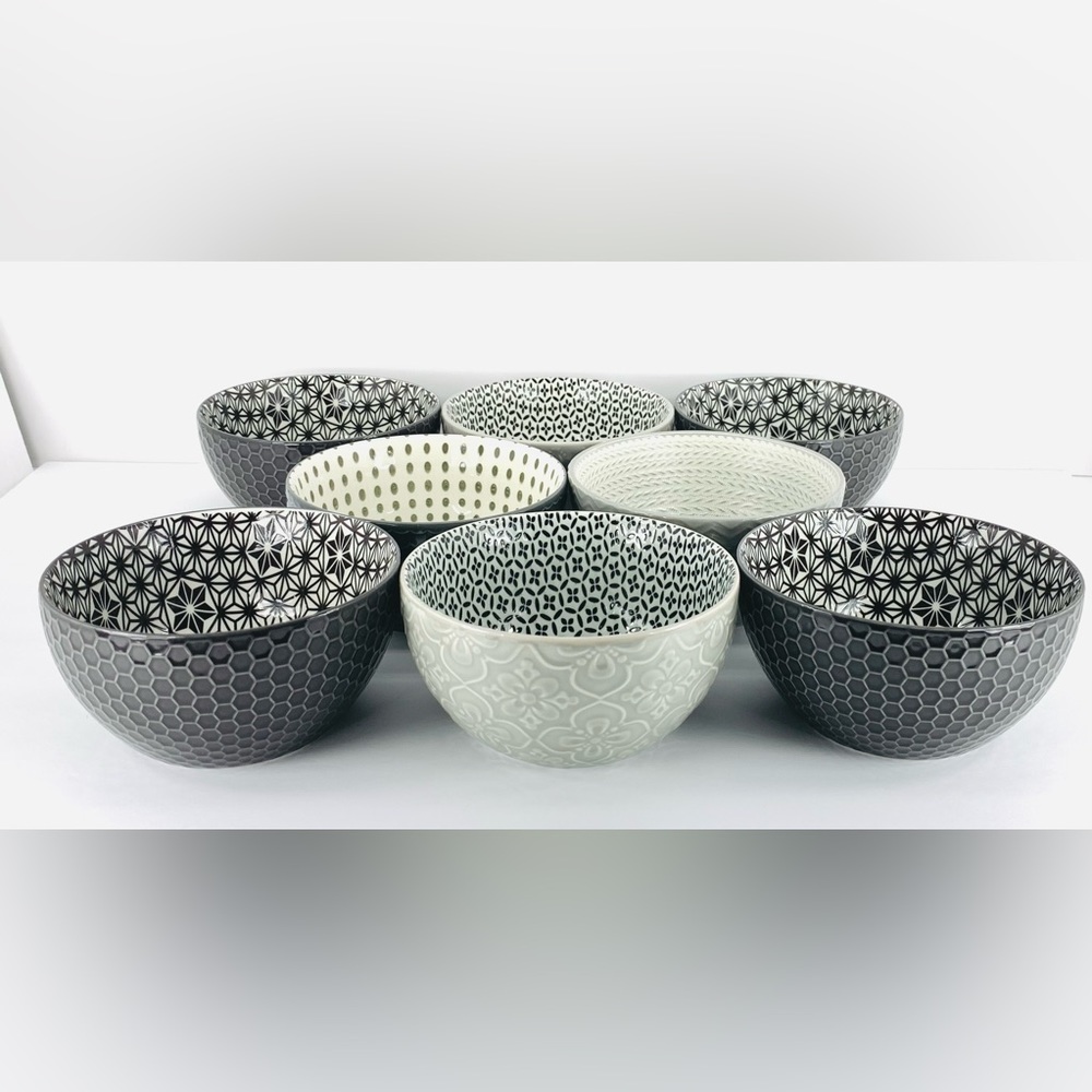 Signature Housewares Inc. 8-Piece Collection of Gray & Black Stoneware Bowls